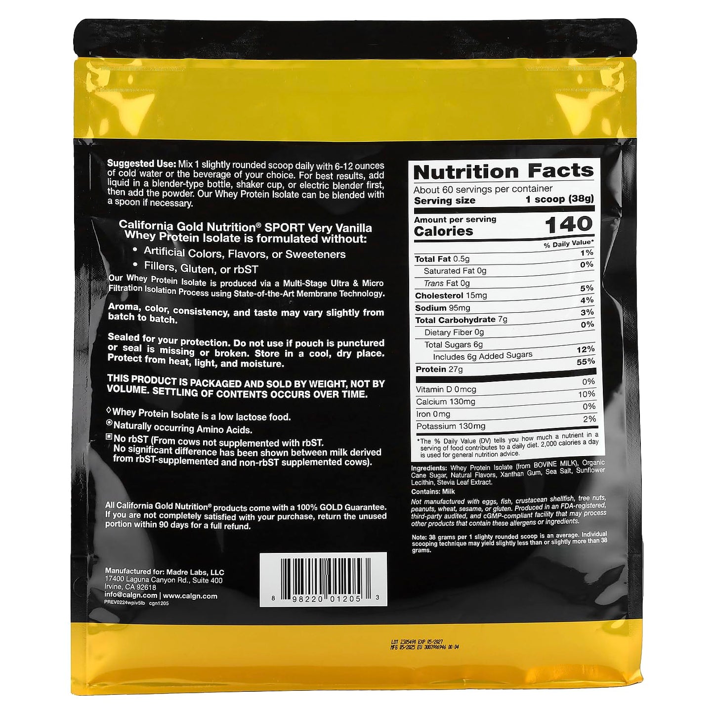California Gold Nutrition Whey Protein Isolate Powder, Very Vanilla, 80