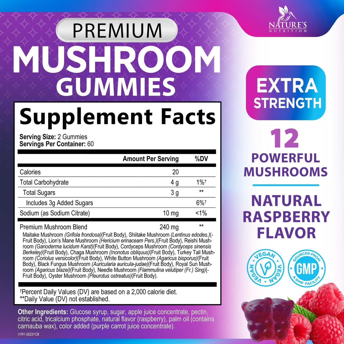 Nature's Nutrition Mushroom Gummies 12 in 1 - High Grade Blend for Adults, Lions Mane, Reishi, Cordyceps & Chaga, Memory & Immune Support, Nootropic Brain Supplements, 120 Gummies