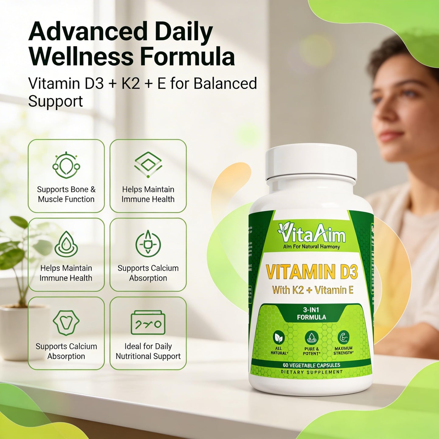 VitaAim Vitamin D3 with K2 + Vitamin E Softgels, 60 Count