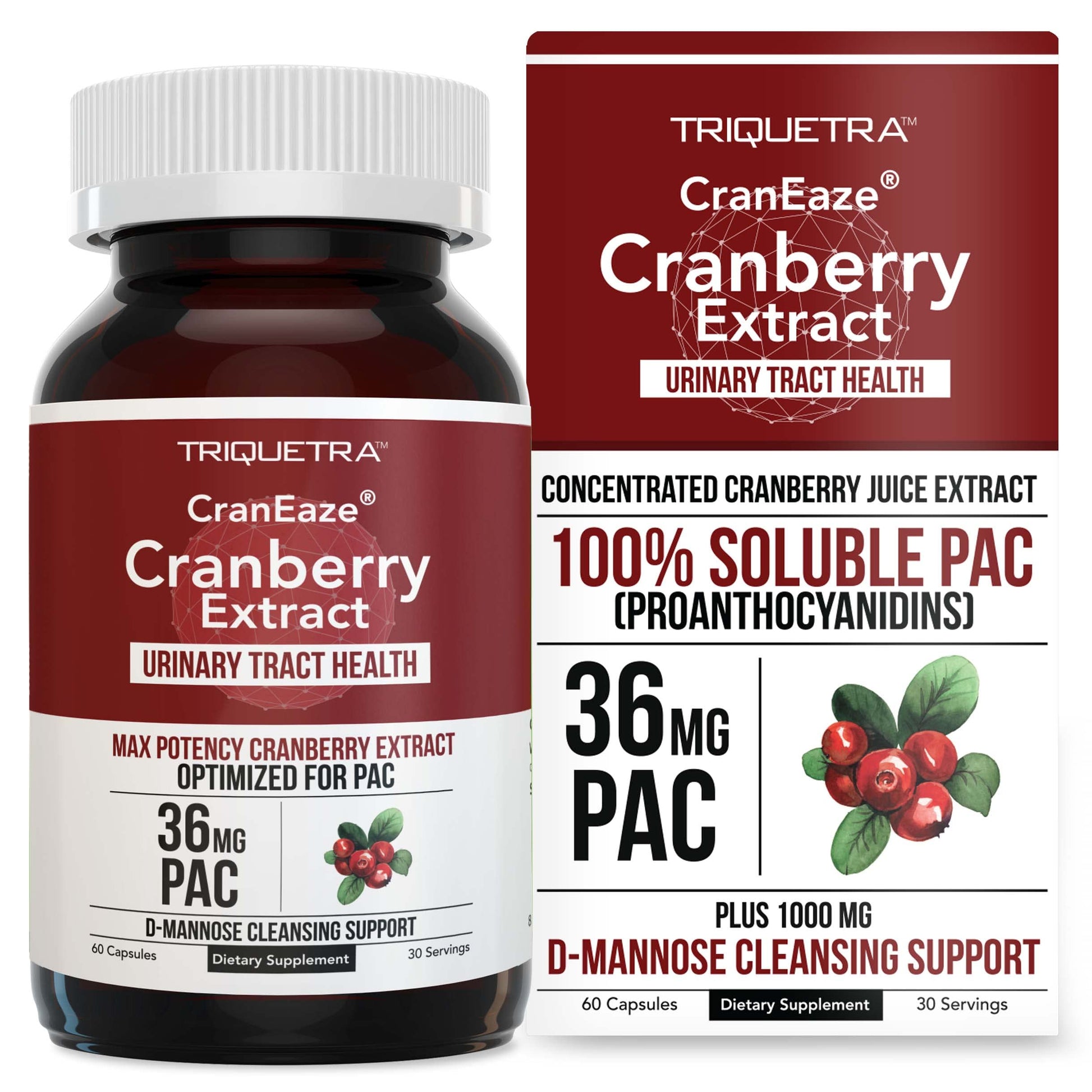 Triquetra Health CranEaze Cranberry Juice Extract Plus D-Mannose 36 mg PAC, 100% Soluble PAC, Supports Urinary Tract Health, UTI Cranberry Supplement, 60 Capsules