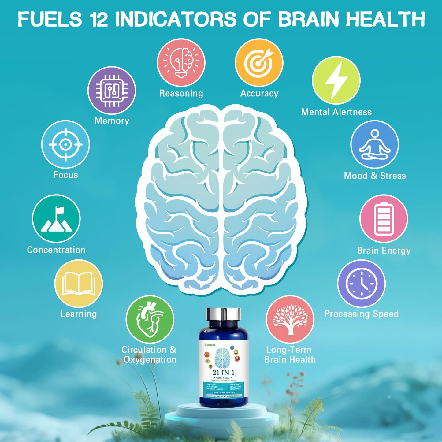 Sunthos Brain Supplements for Memory and Focus, 21-in-1 Brain Supplement for Mental Alertness, Cognitive with 300mg Alpha-GPC, 300mg Lion’s Mane, L-Theanine, Phosphatidylserine, Vitamins B6 B12, 90 Capsules