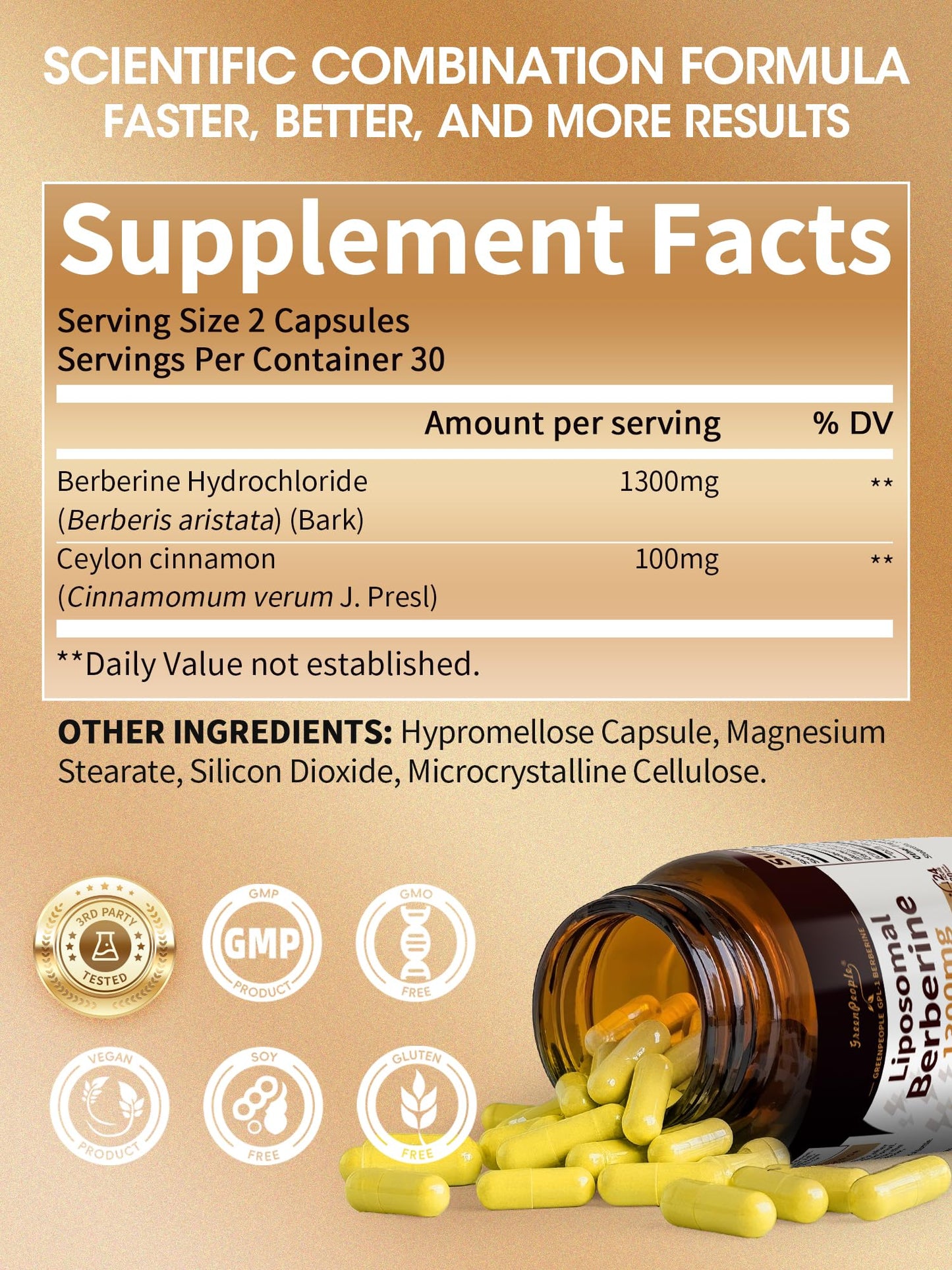 GREENPEOPLE Liposomal Berberine HCL 1300mg Capsule with Ceylon Cinnamon Activates AMPK, 60 Count, Non-GMO, Vegan