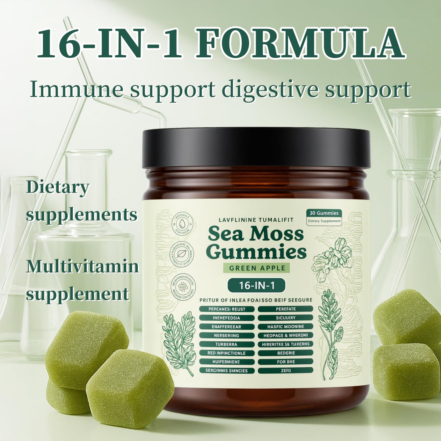 Vaairinyi Sea Moss Gummies 16-in-1, Ashwagandha Black Seed Oil Bladder Wrack Turmeric Vitamin C, Apple Cider Vinegar, Non-GMO (Green Apple) Gummy 30 Count