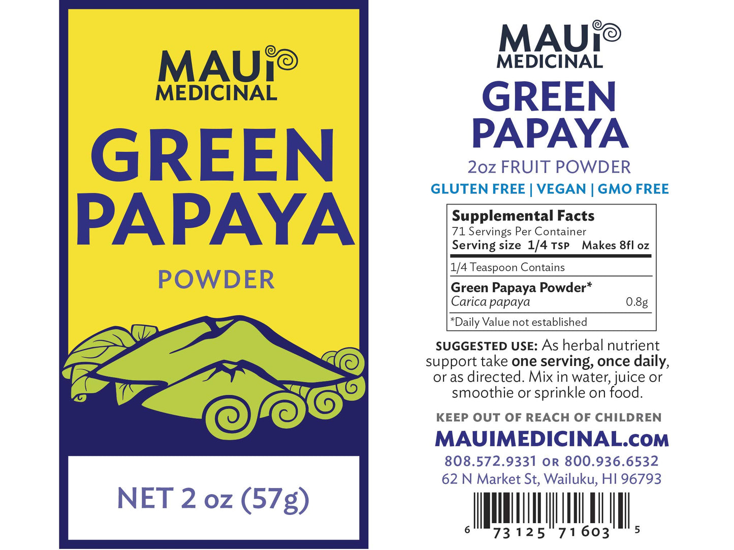 Maui Medicinal Herbs Green Papaya Fruit Powder 2oz Zip-Pouch, 2