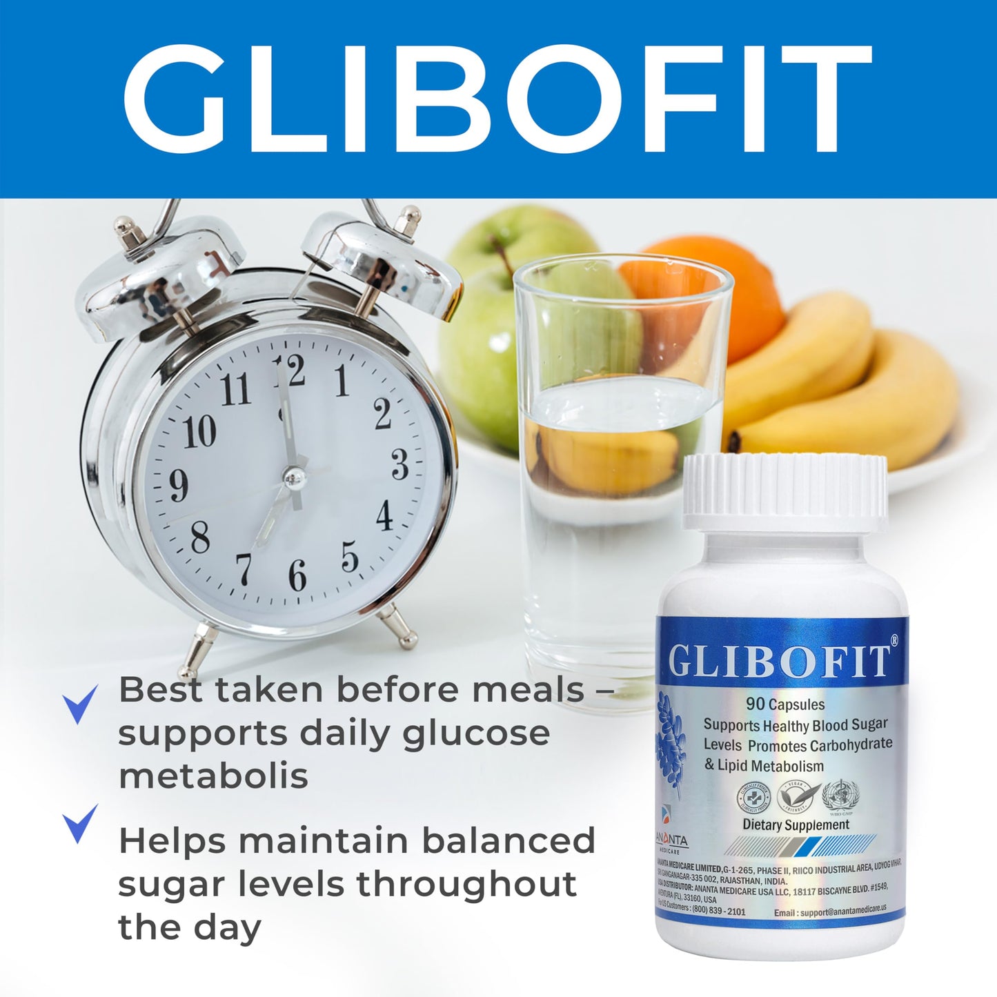 Ananta Medicare USA GLIBOFIT Blood Sugar & Metabolism Support Tablets, 90