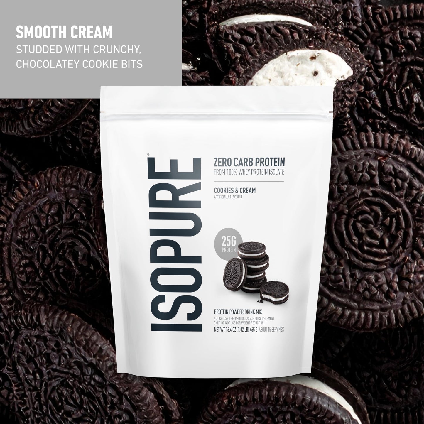 Isopure Zero Carb 100% Pure Whey Isolate Protein Powder Cookies & Cream, 1 Lb, 15 Servings