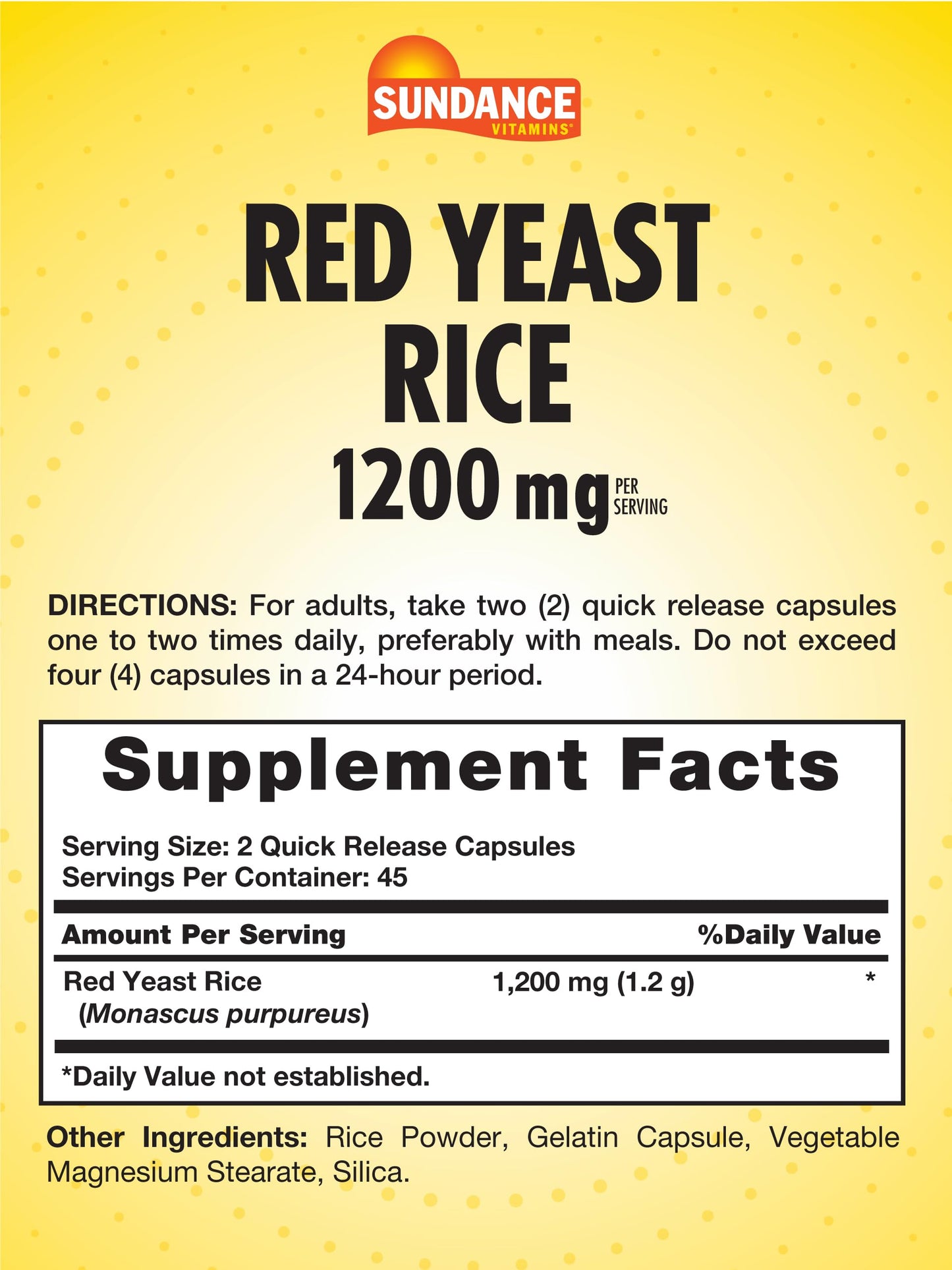 Sundance Red Yeast Rice 1200mg Capsules, 90 Count
