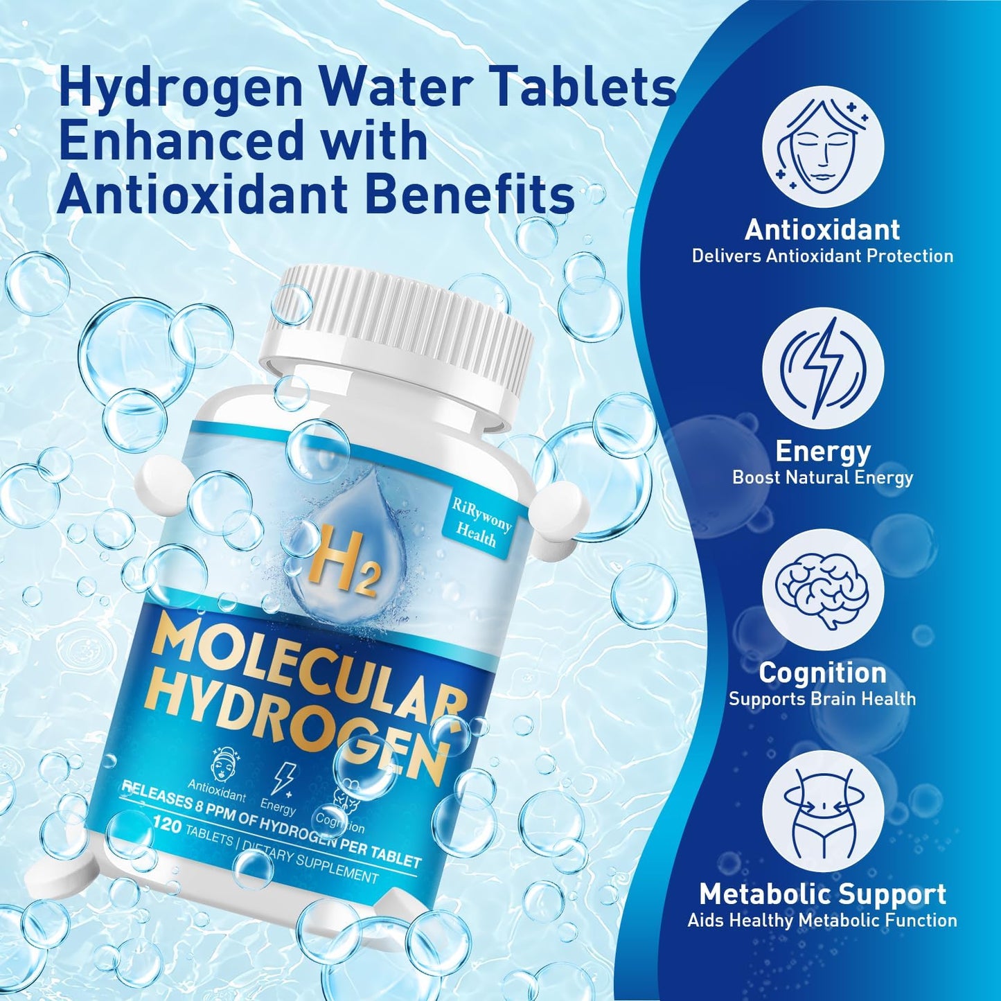 RiRywony Health Hydrogen Water Tablets Gummy, 120 Count