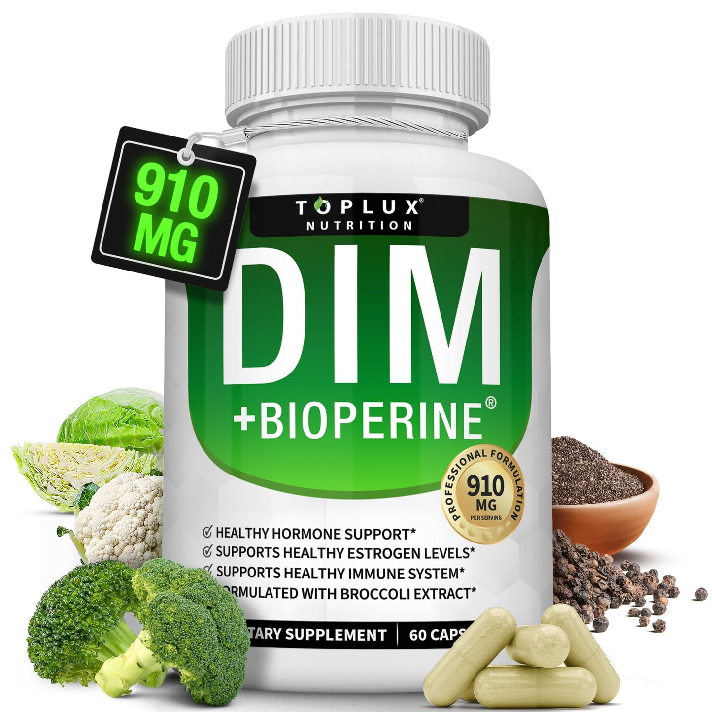 Toplux DIM Supplement 910mg Diindolylmethane to Support Estrogen Metabolism & Hormone Balance for Men & Women, Vegan Non-GMO, 60 Capsules