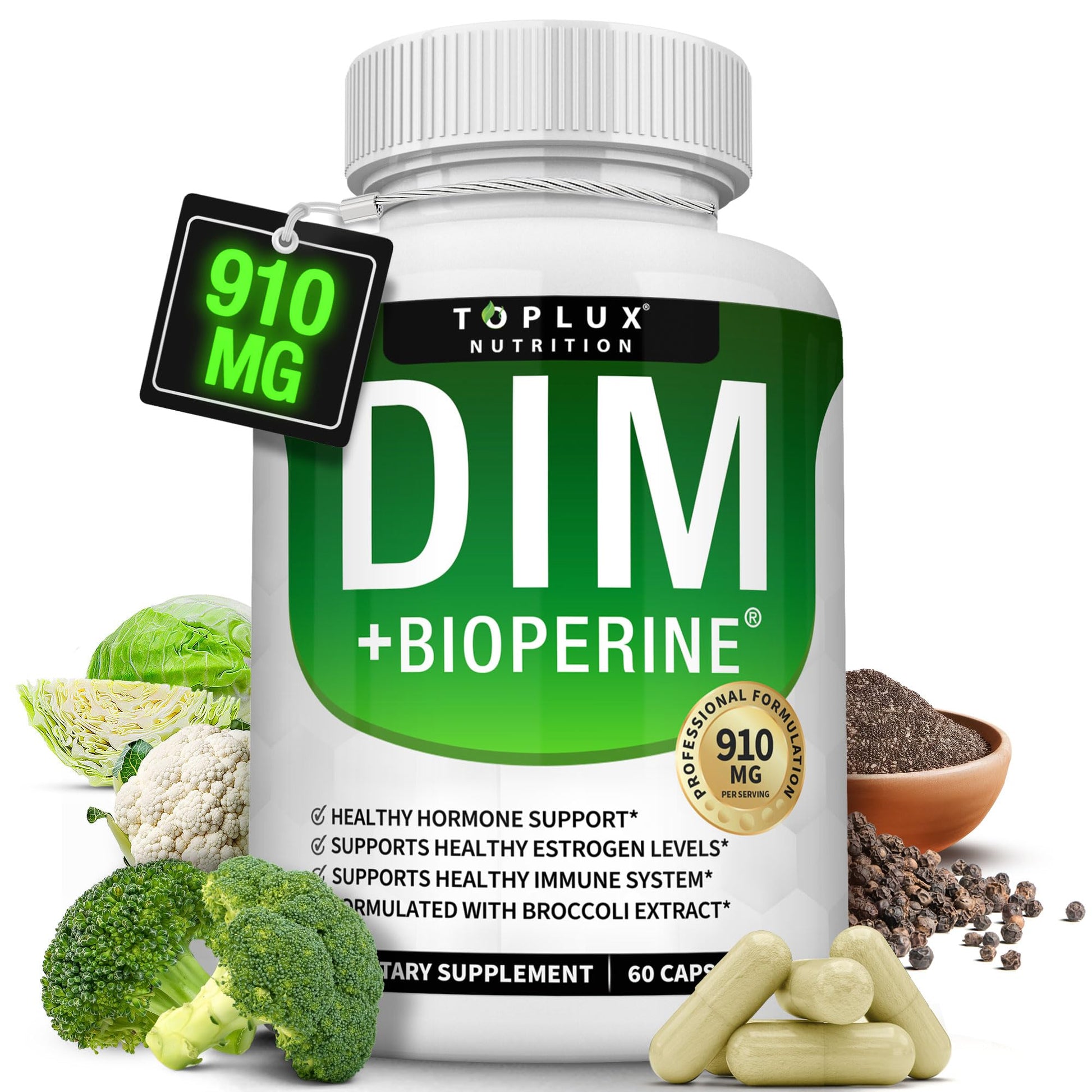 Toplux DIM Supplement 910mg Diindolylmethane to Support Estrogen Metabolism & Hormone Balance for Men & Women, Vegan Non-GMO, 60 Capsules