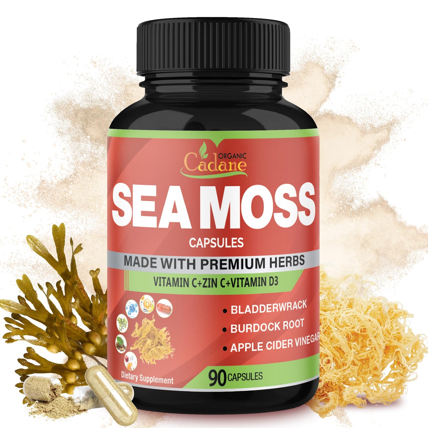 Organic Cadane Irish Sea Moss Extract Capsules 9in1 with VitC, VitD, Bladderwrack, Burdock Root, Elderberry & More – Immune Support & Overall Health, 90 Capsules
