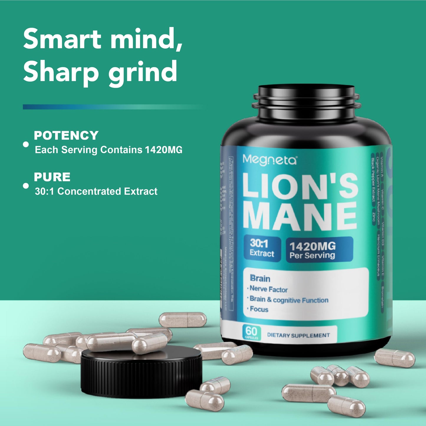 MEGNETA Lion's Mane Supplements with Vitamins A, C, D3, E & Zinc Capsules 60 Count