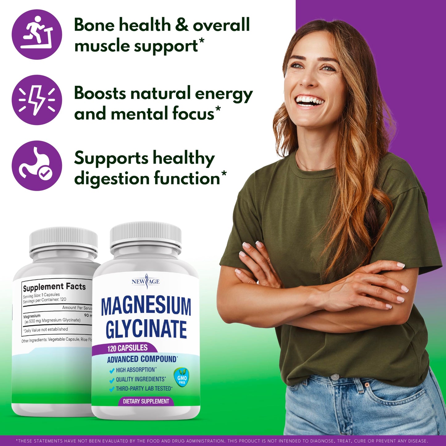 NEW AGE Magnesium Glycinate 500mg | 90mg Elemental Magnesium Supplement - High Absorption, Non Buffered, Non-GMO & No Gluten - Muscle & Bone Health, 240 Capsules