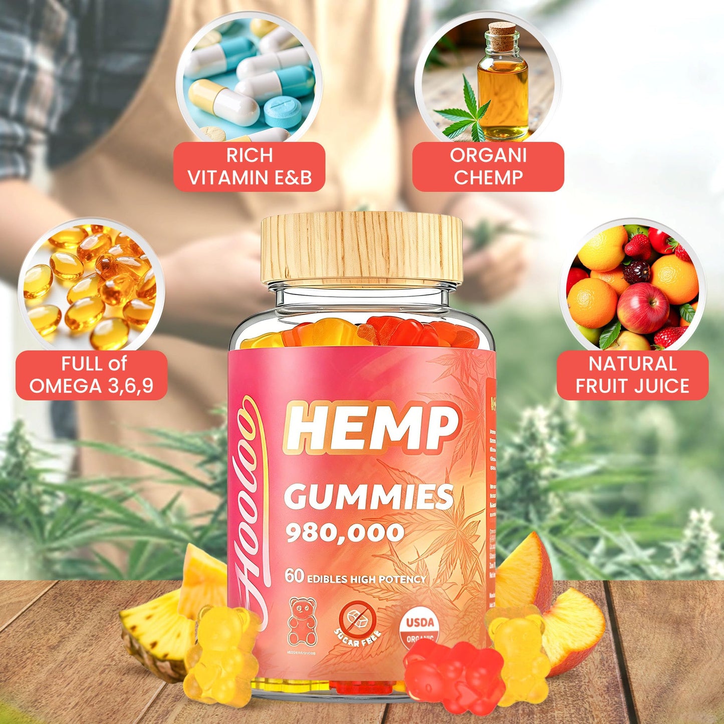 HOOLOO Hemp Gummies Gummy, 120 Count