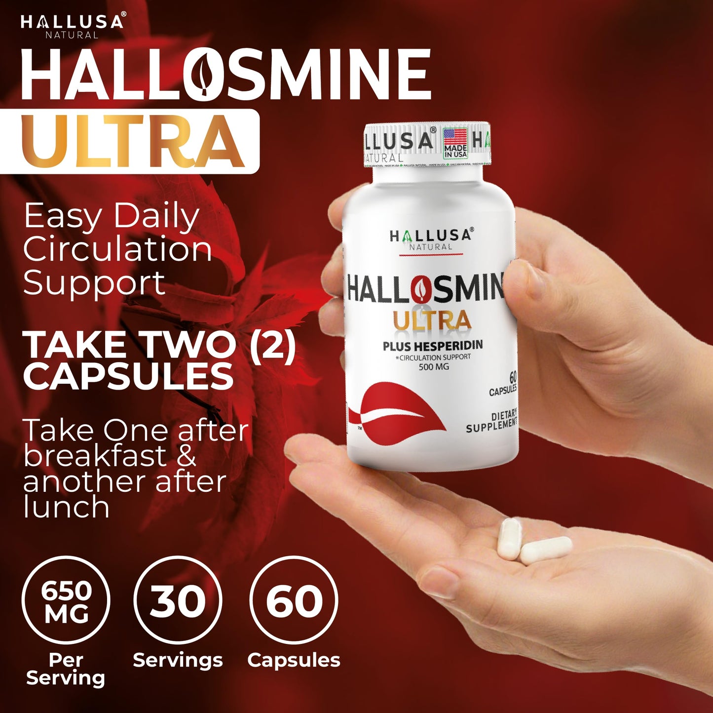 Hallusa Natural Hallosmine Ultra Circulation & Vein Support, Diosmin Hesperdin 650 mg, 60 Capsules