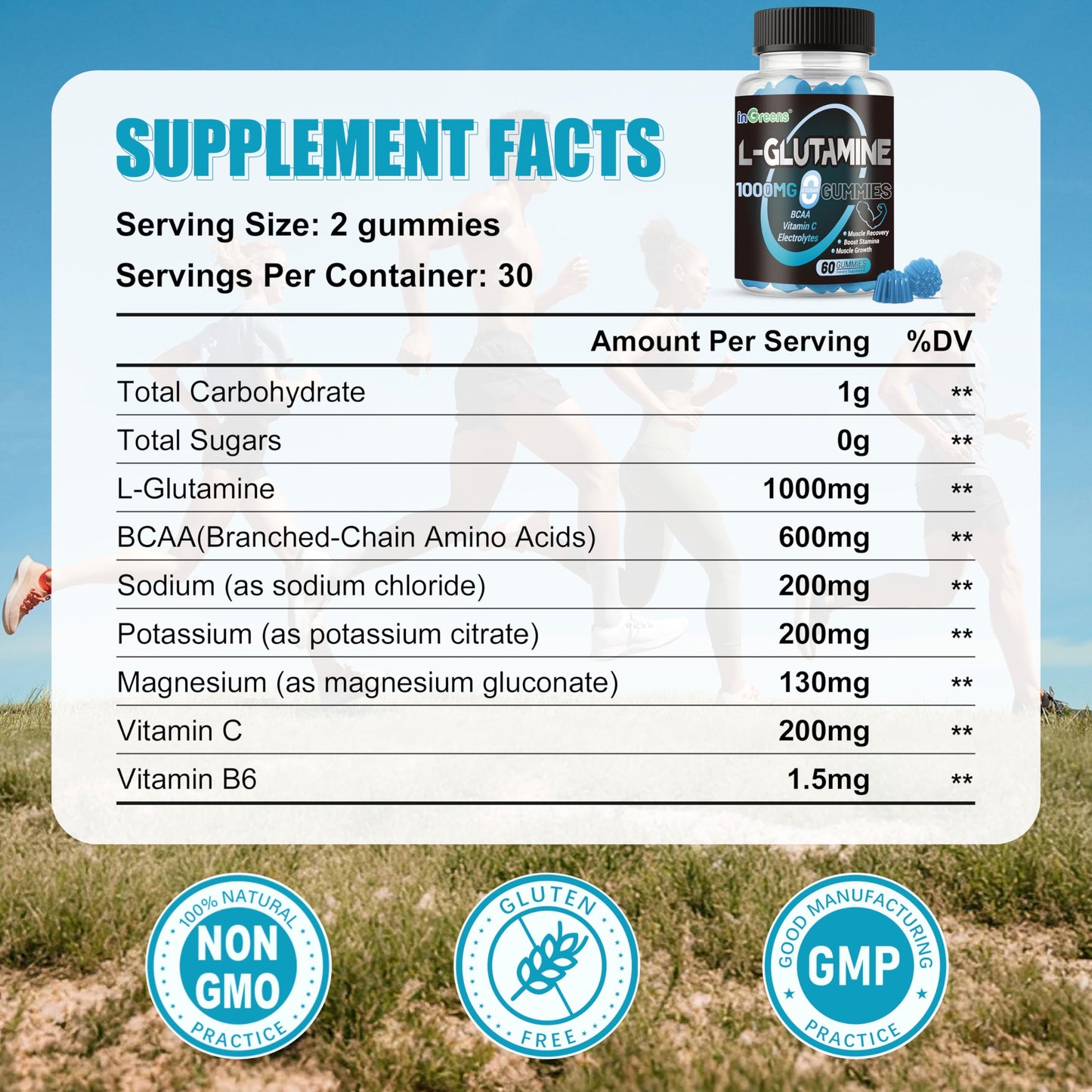 inGreens L-Glutamine Gummies 1000mg, 60 Count
