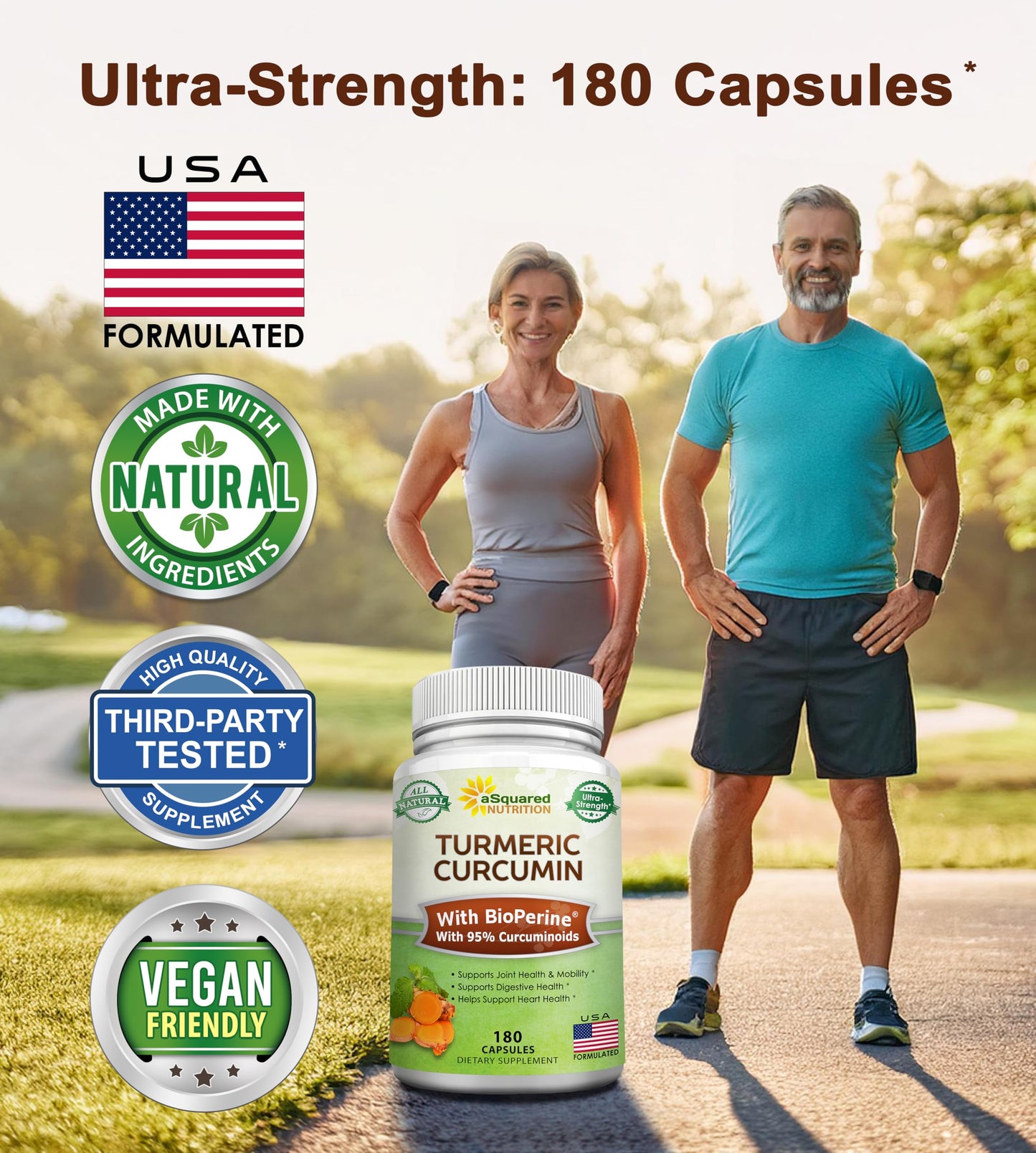 aSquared Nutrition Turmeric Curcumin 1300mg with BioPerine Black Pepper Extract 180 Capsules