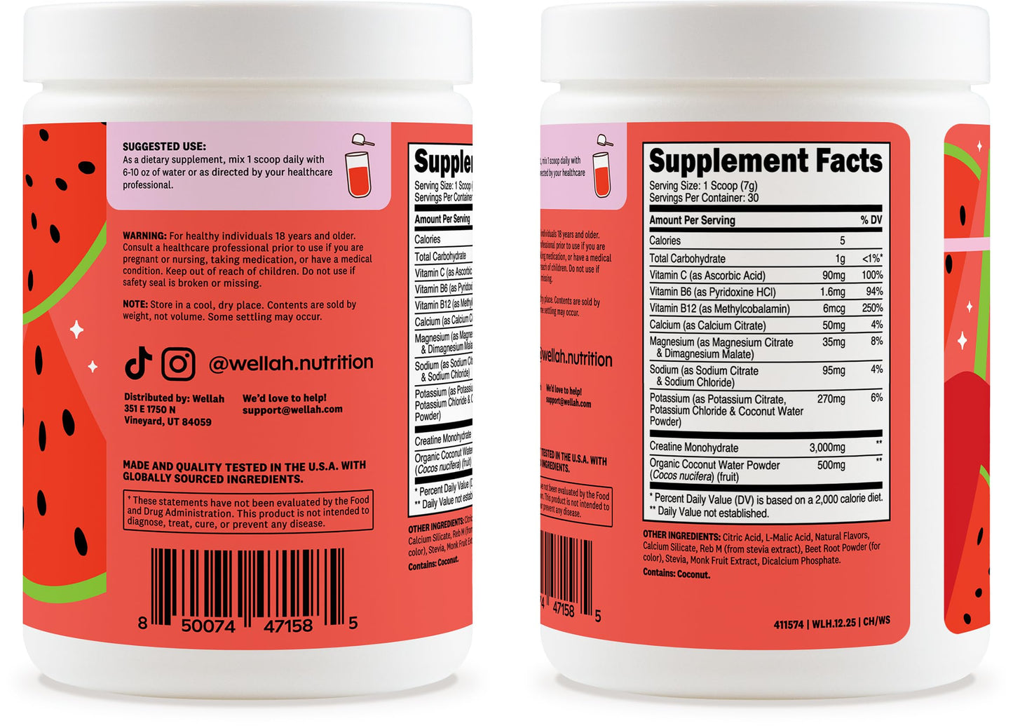 Wellah Creatine + Electrolytes Powder Watermelon Slush 7.5 Ounce