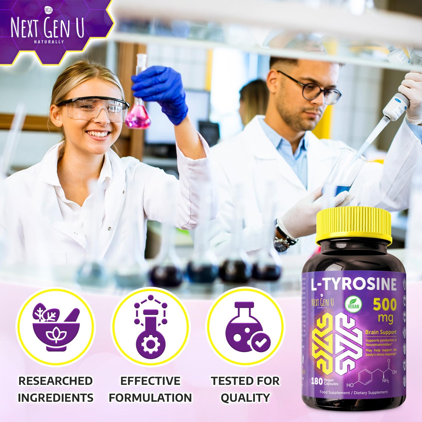 NGU Next Gen U L-Tyrosine 500 mg Capsules, 180 Count