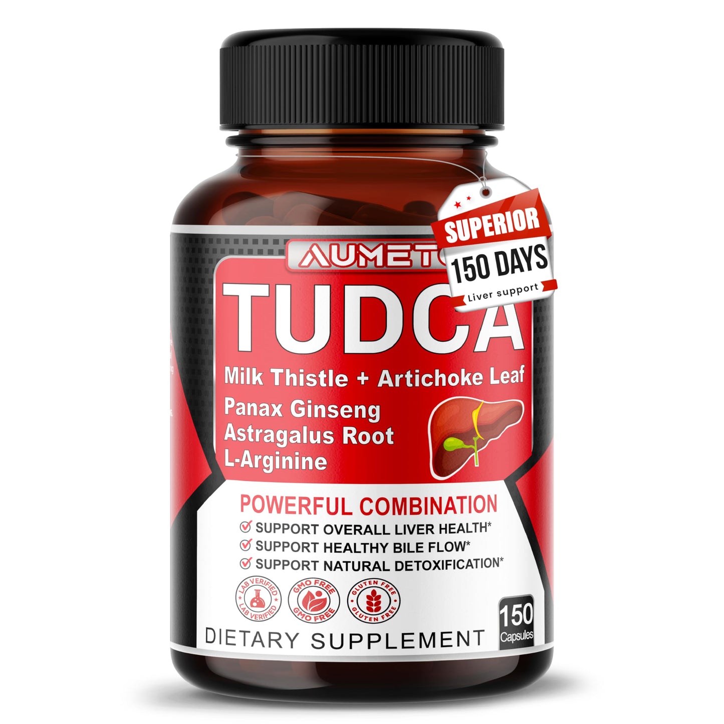 AUMETO TUDCA Supplement (Tauroursodeoxycholic Acid) with Milk Thistle, Artichoke, Panax Ginseng, Astragalus - Bile Flow & Digestion Support, 150 Capsules
