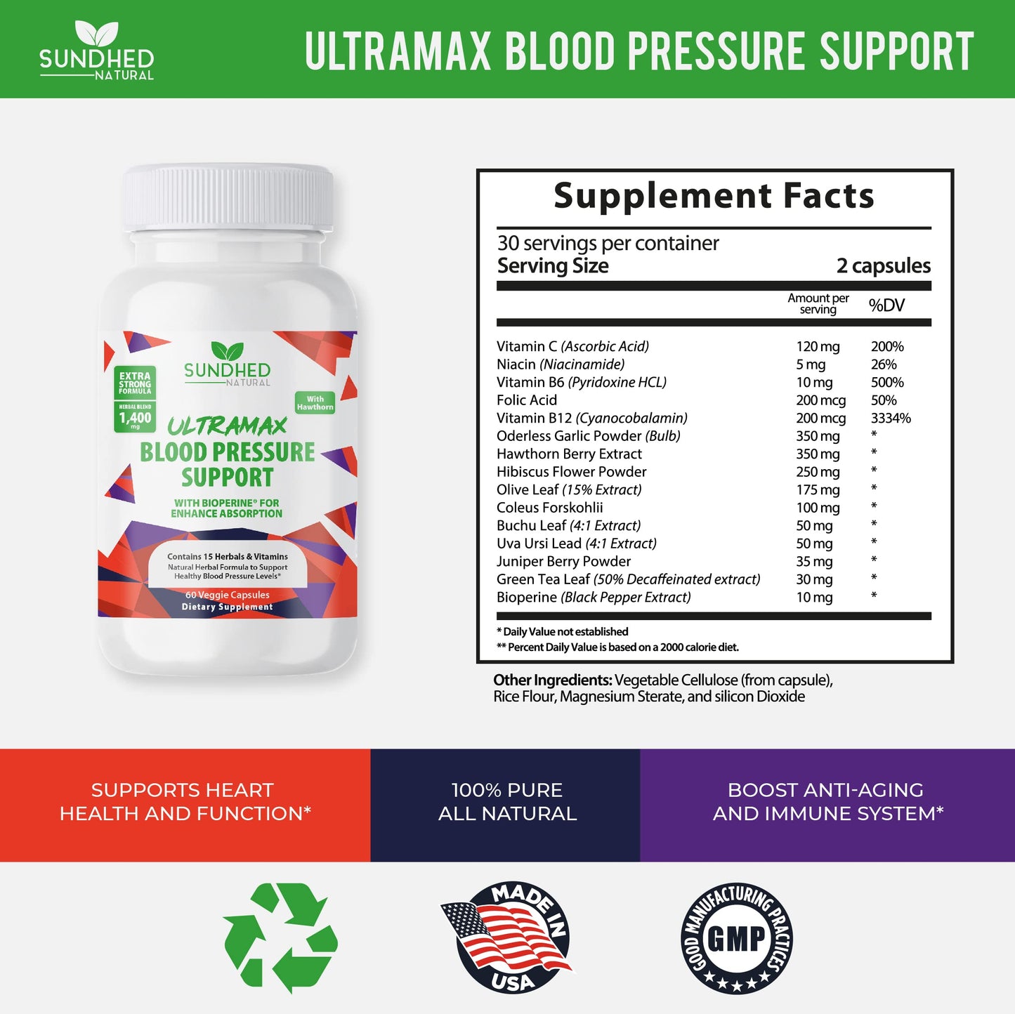 Sundhed Natural UltraMax Blood Pressure with Bioperine Hawthorn Berry Capsules, 60 Count