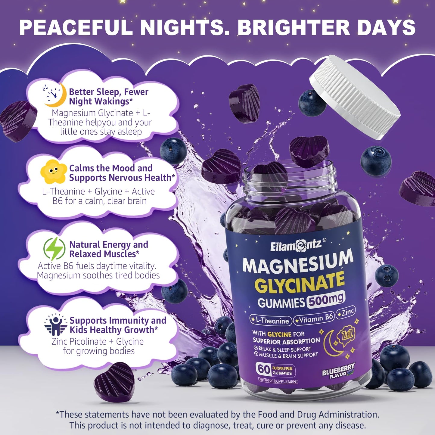 ELLAMENTZ Magnesium Glycinate Gummies for Kids 6+ & Adults, 60 Gummies