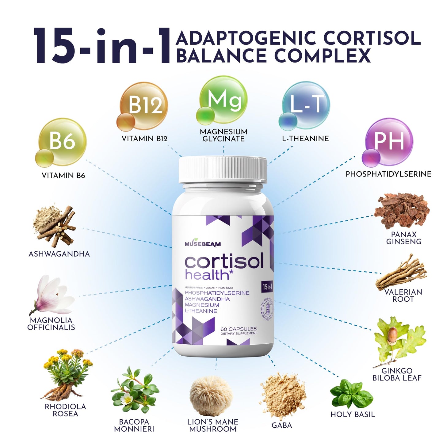 Musebeam Cortisol Detox Supplement for Women and Men - Magnesium Ashwagandha - Capsule, 60 Count