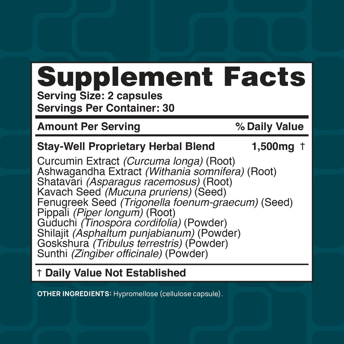 Stay-Well Naturals Infla-Support Plus 750mg Herbal Supplement Blend with Curcumin and Ashwagadha Extract, Shatavari, Kavach, Fenugreek, Pippali, Guduchi, Shilajit, Goshura and Sunthi, 60 Capsules