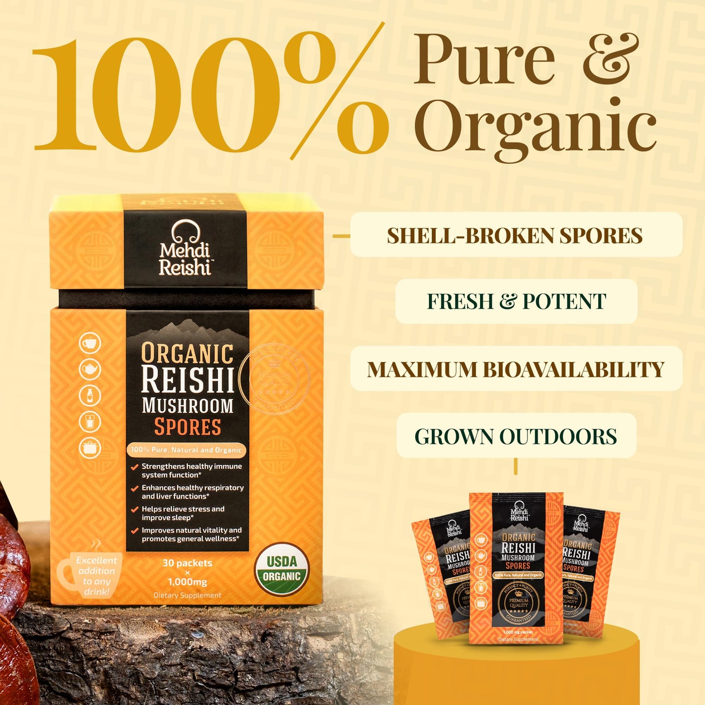 Mehdi Reishi Organic Reishi Spore Powder - High Potency Triterpenes, 30 Count