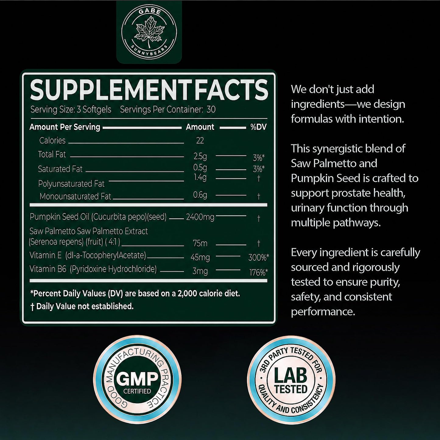 GABE SUNNYBEARS Pumpkin Seed Oil Capsules with Saw Palmetto 2400mg, 90 Softgels