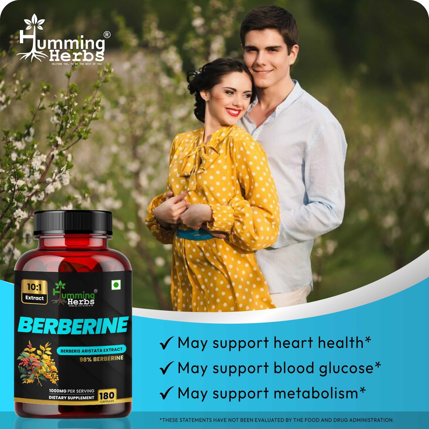 Humming Herbs Berberine 1000mg – Berberis Aristata Extract 10:1 Standardized to 98% Purity, 180 Capsules