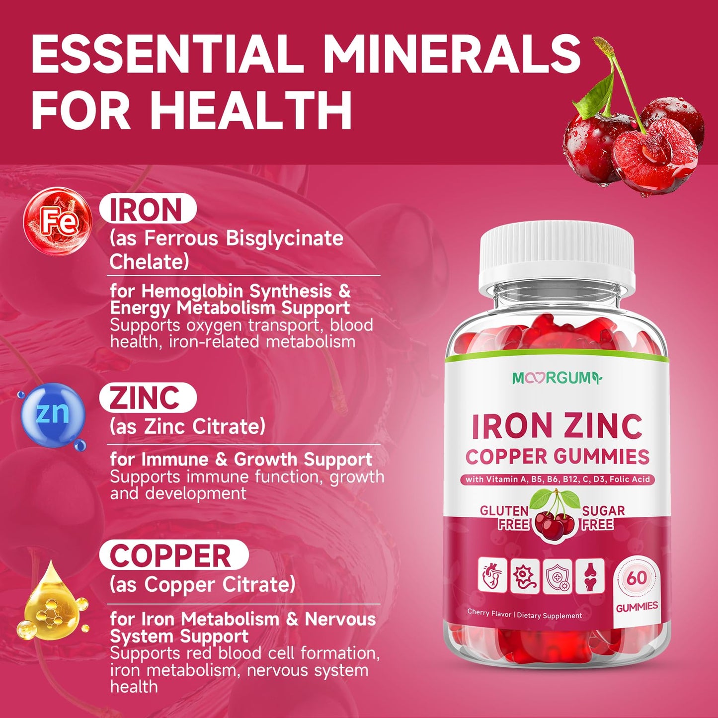 MOORGUMY Iron, Zinc, Copper Gummies 60 Count