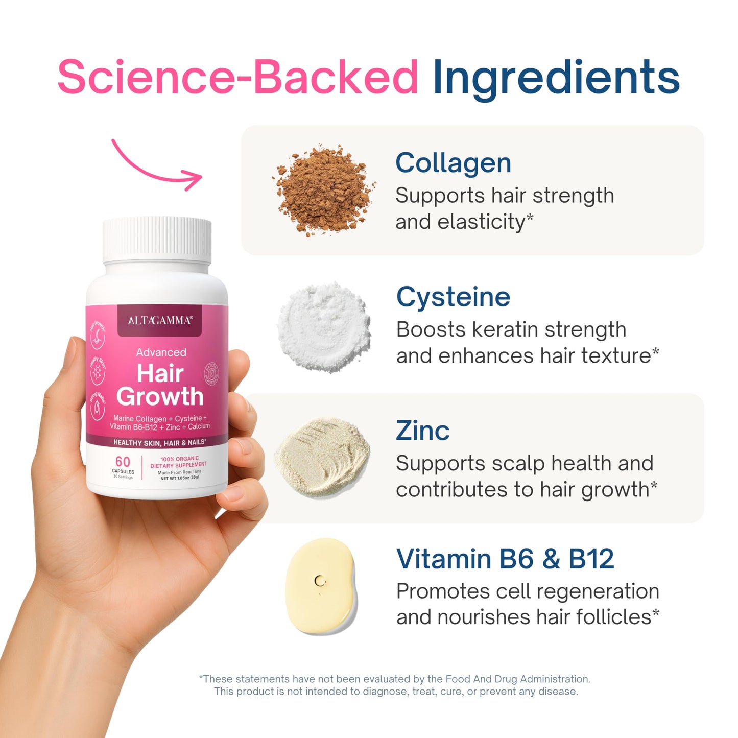 ALTAGAMMA Hair Growth Supplements with Marine Collagen Peptides, 60 Capsules