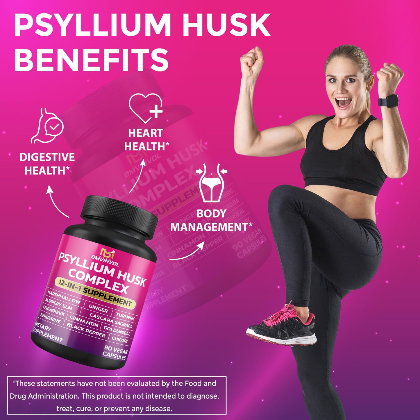 BMVINVOL Psyllium Husk, Slippery Elm, Cascara Sagrada, Fenugreek, Berberine, Cinnamon, Turmeric + 5 Mores Capsules, 90 Count