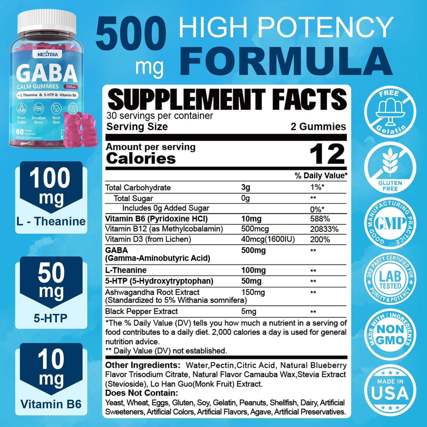 Nextdia GABA 500 mg + L-MethylFolate 15 mg Gummies, 240 Gummies