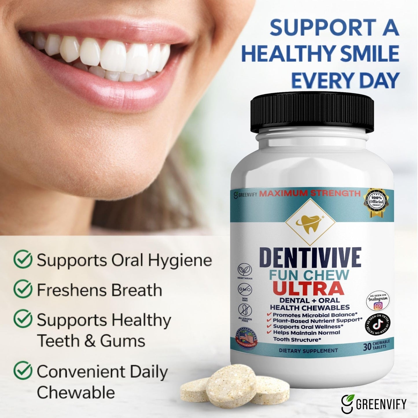 GREENVIFY DentiVive Fun Chew Ultra Dental + Oral Health Chewables, 60 Capsules