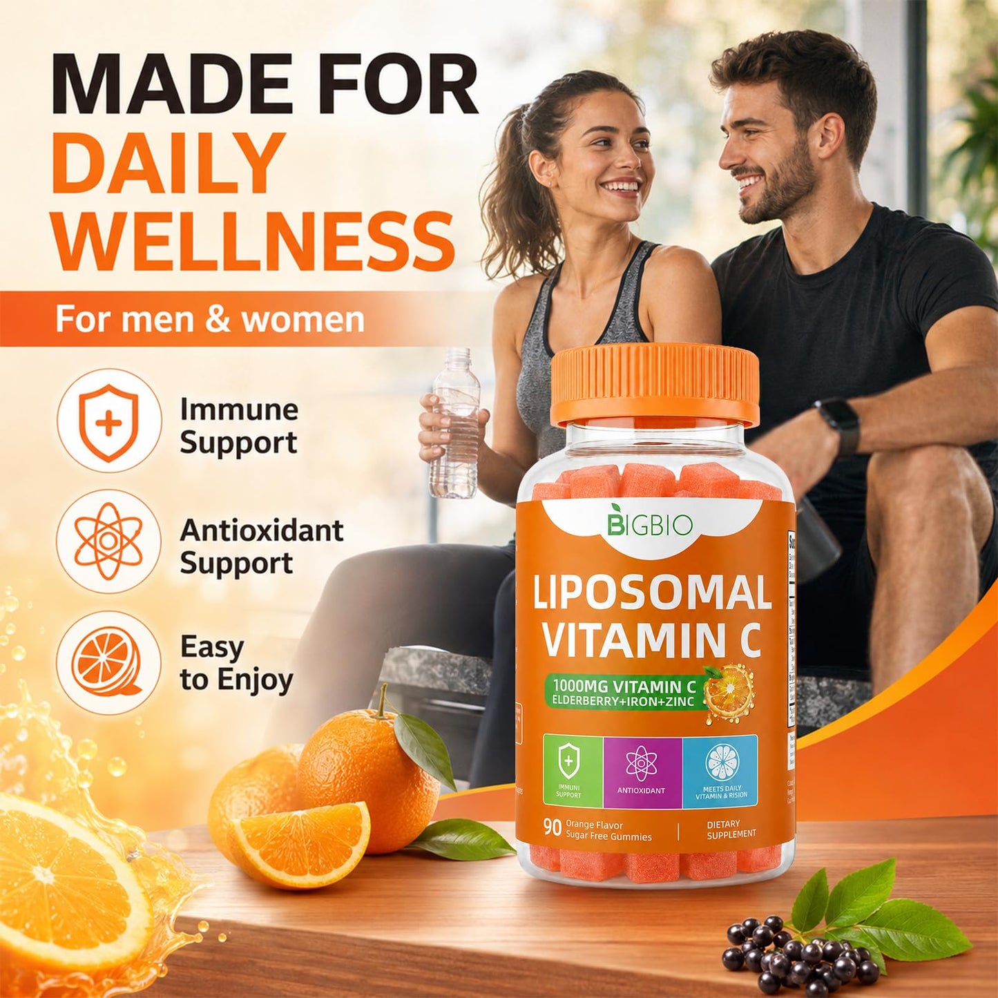 BIGBIO Liposomal Vitamin C Gummies 1000mg with Elderberry, Zinc & Iron for Immune Support, 90 Gummies