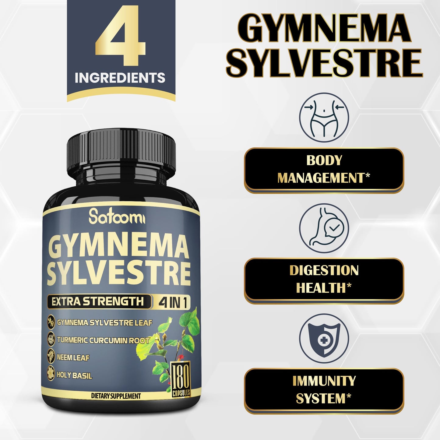 Satoomi Pure Gymnema Sylvestre Capsules Extract, 180 Capsules