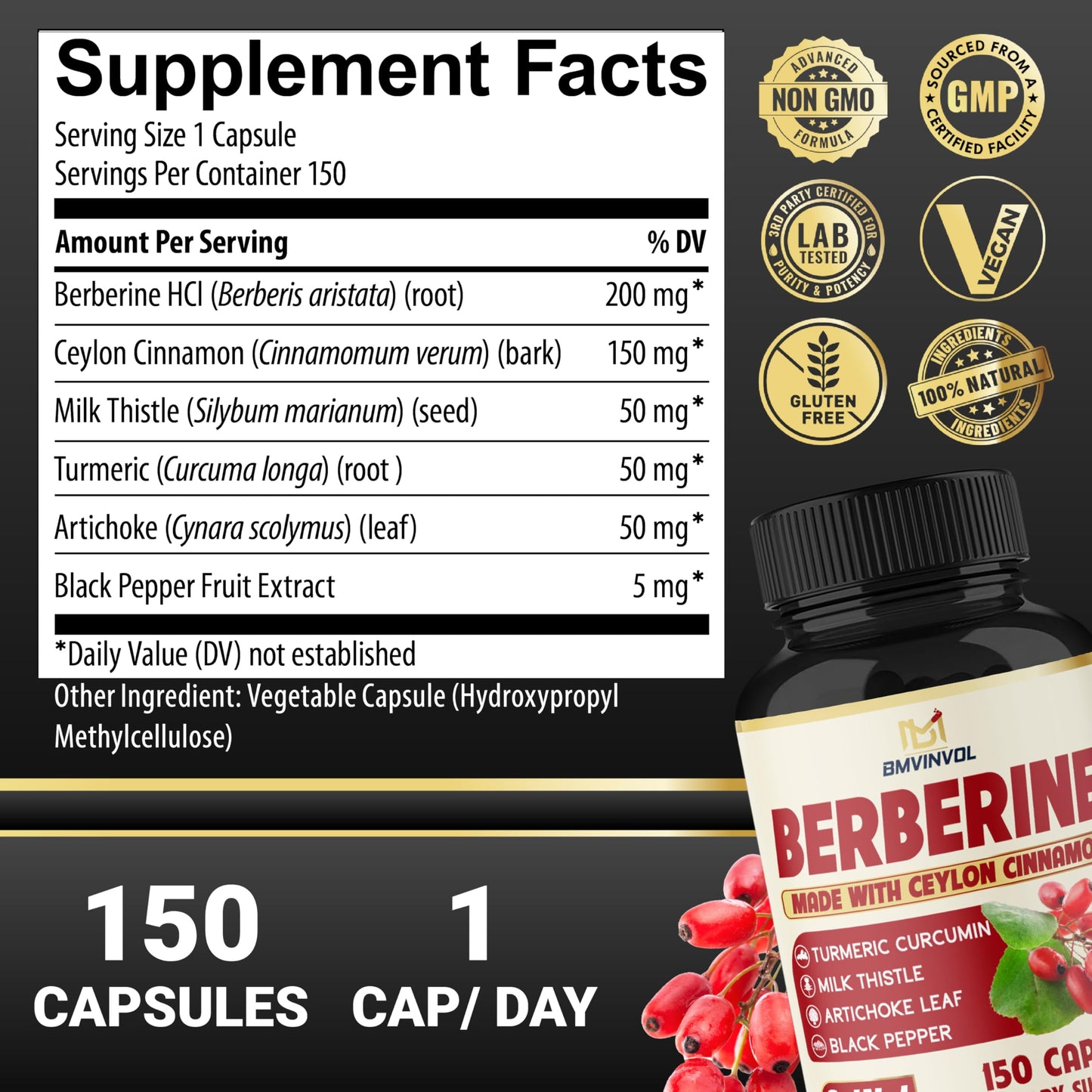 BMVINVOL Berberine with Ceylon Cinnamon, Turmeric, Milk Thistle, Artichoke, Black Pepper 150 Capsules