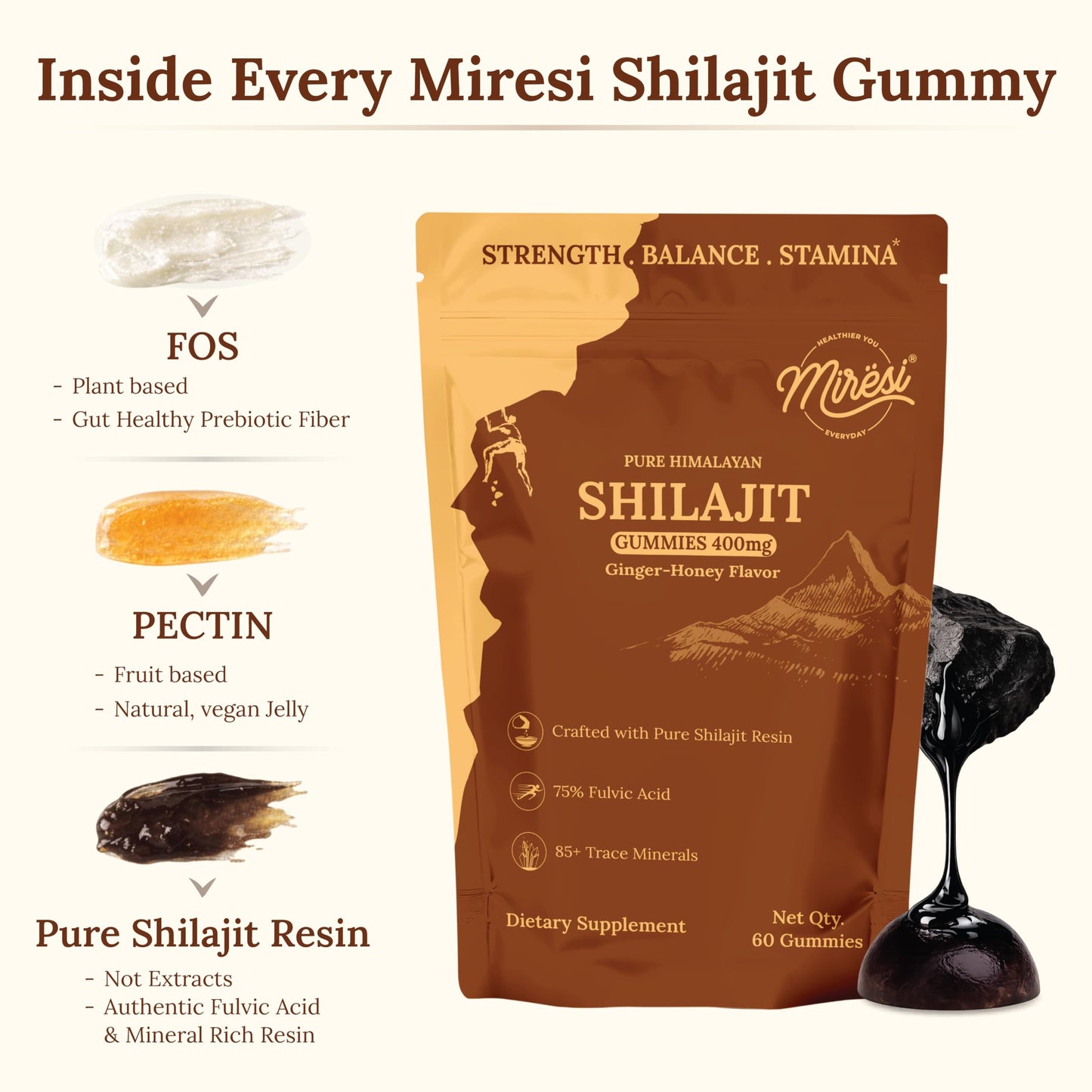 Miresi Shilajit Gummies – Ginger Honey, 60 Gummies