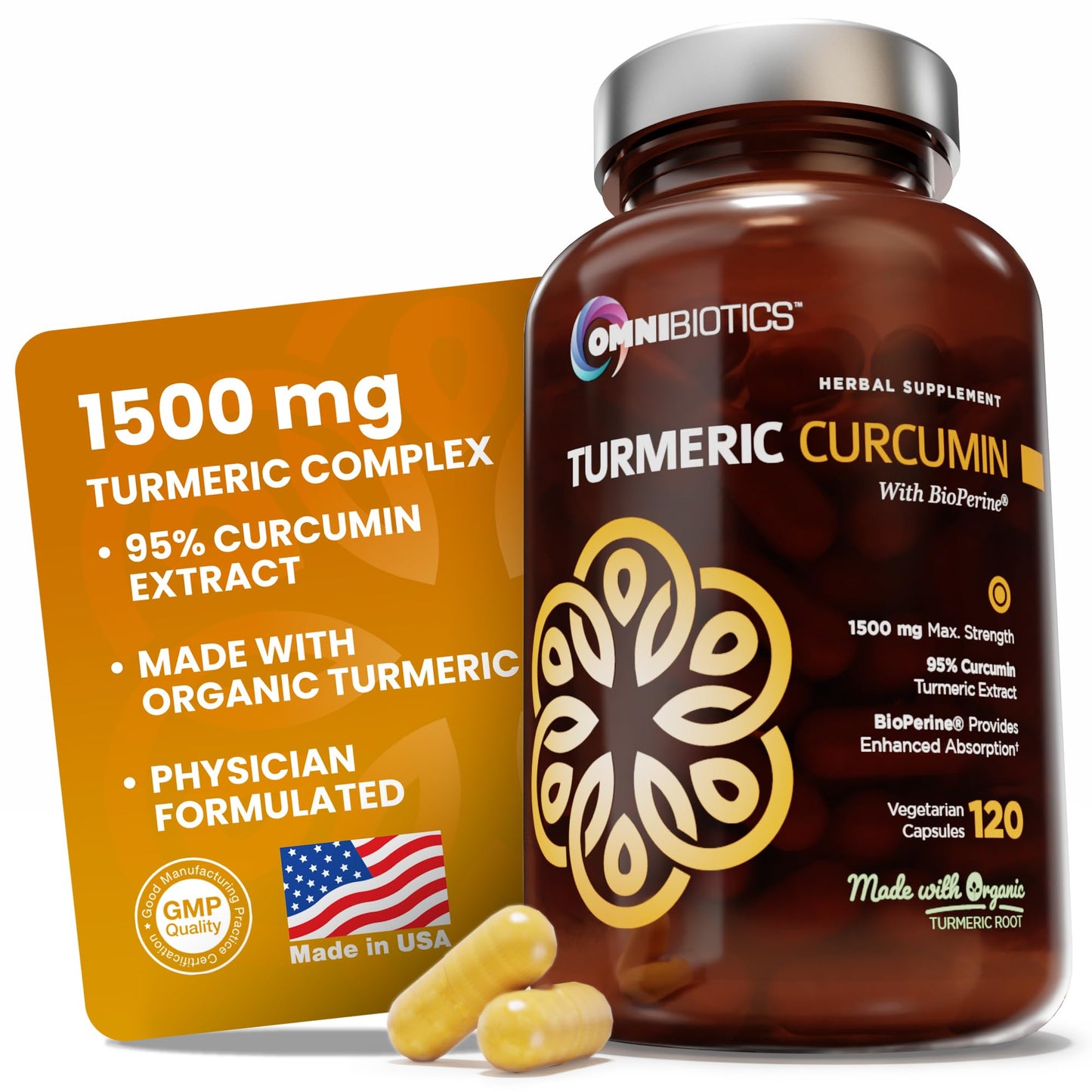 OmniBiotics Organic Turmeric Curcumin with Black Pepper Extract 120 Capsules