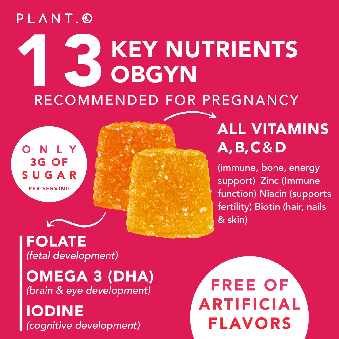 PLANT.O NUTRITION Prenatal Gummies for Women with DHA, Folate, Vitamins B C D, 60 Count