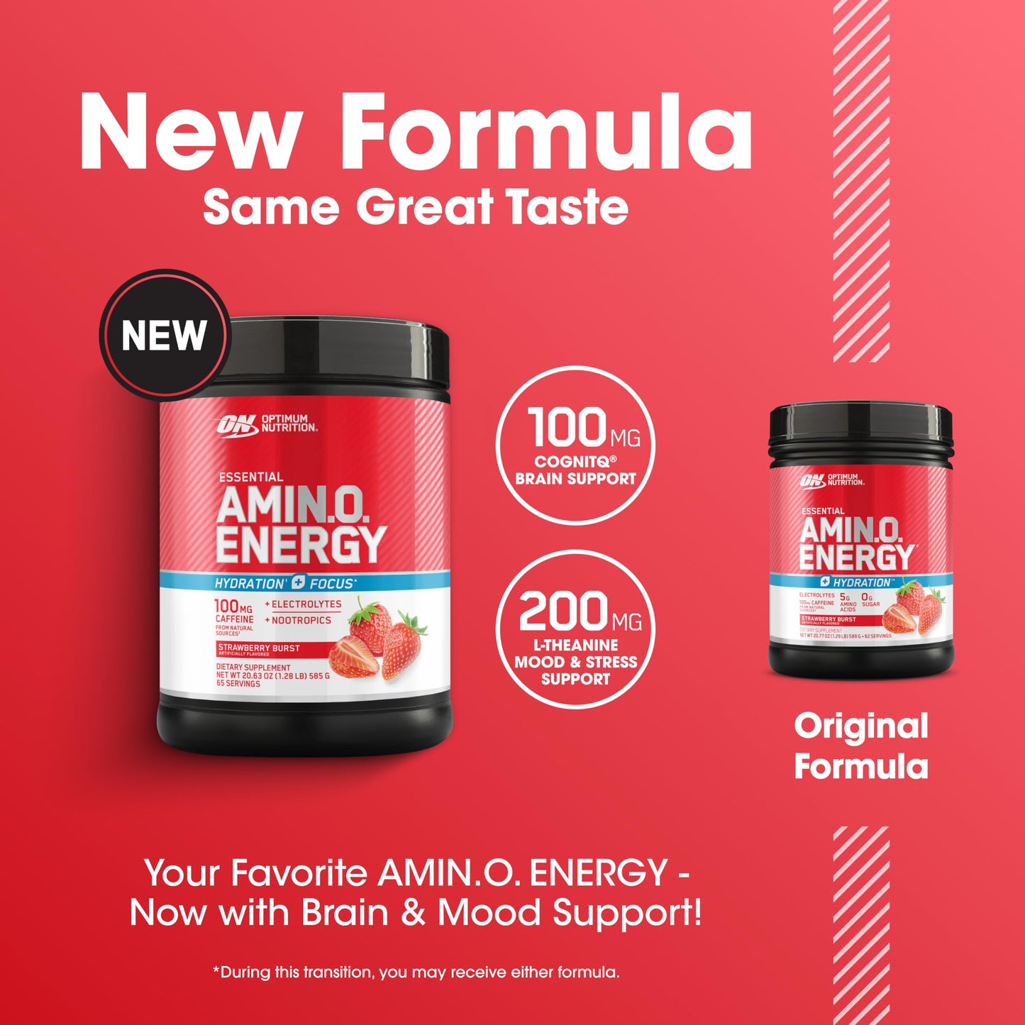 Optimum Nutrition Amino Energy Powder Plus Focus, with BCAA, Electrolytes, and Caffeine, Strawberry Burst, 65 Servings