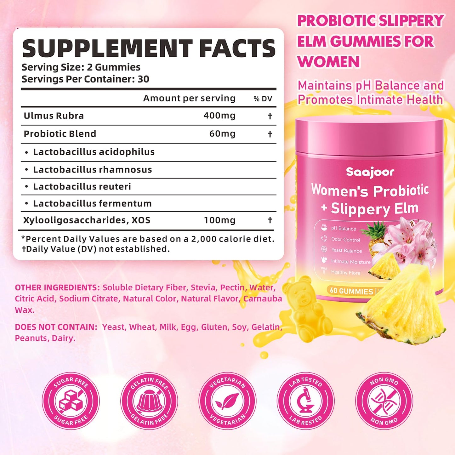 Saajoor Women Probiotic Slippery Elm Gummies Gummy 2 Count
