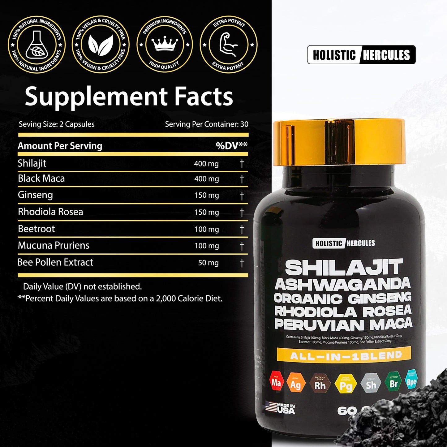Holistic Hercules Rhino Horn - Vitality Boost - 8 in 1 Potent Shilajit Blend Capsule, 30 Count