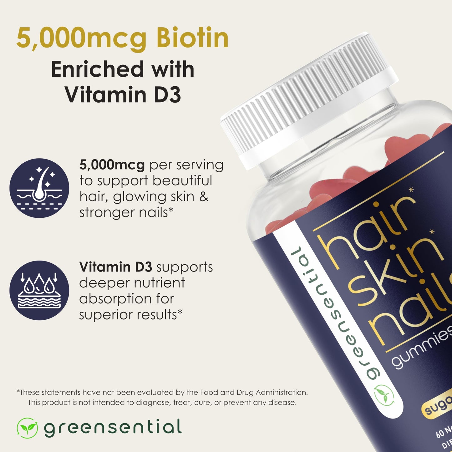 Greensential Hair, Skin & Nails Gummies, 60 Gummies