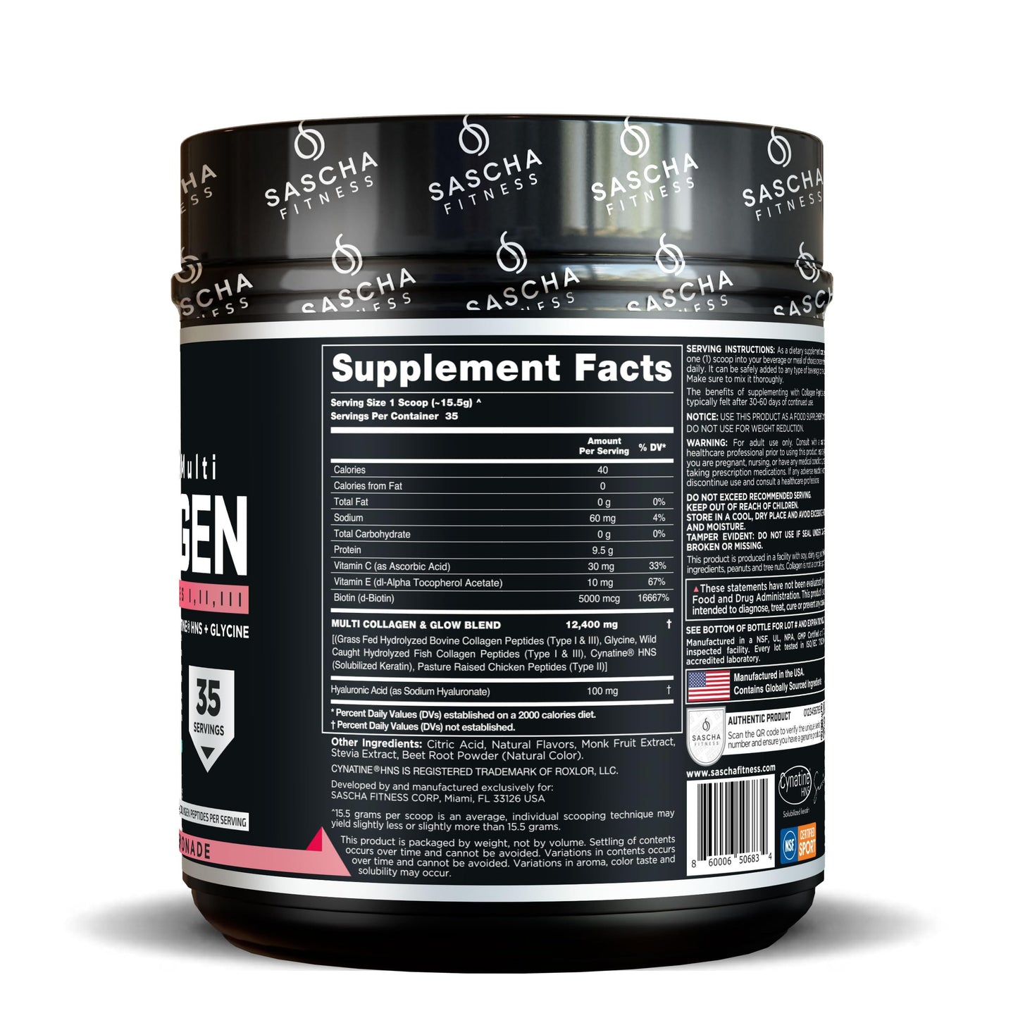 SASCHA FITNESS Hydrolyzed Multi Collagen Peptides Types 1, 2 & 3 Powder 1.08 lb