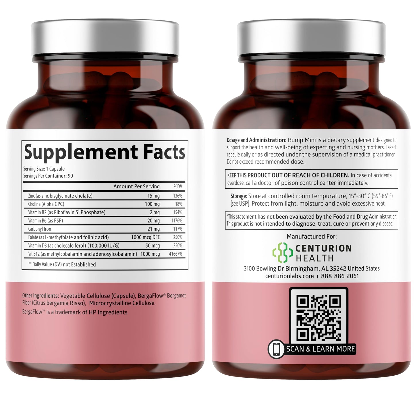 Centurion Health Bump Mini Complete Prenatal Vitamins for Women with Folate, Choline, Carbonyl Iron, Zinc, Vitamin D3 and Vitamin B12 for Fetal Development and Pregnancy Support Capsules, 90 Count