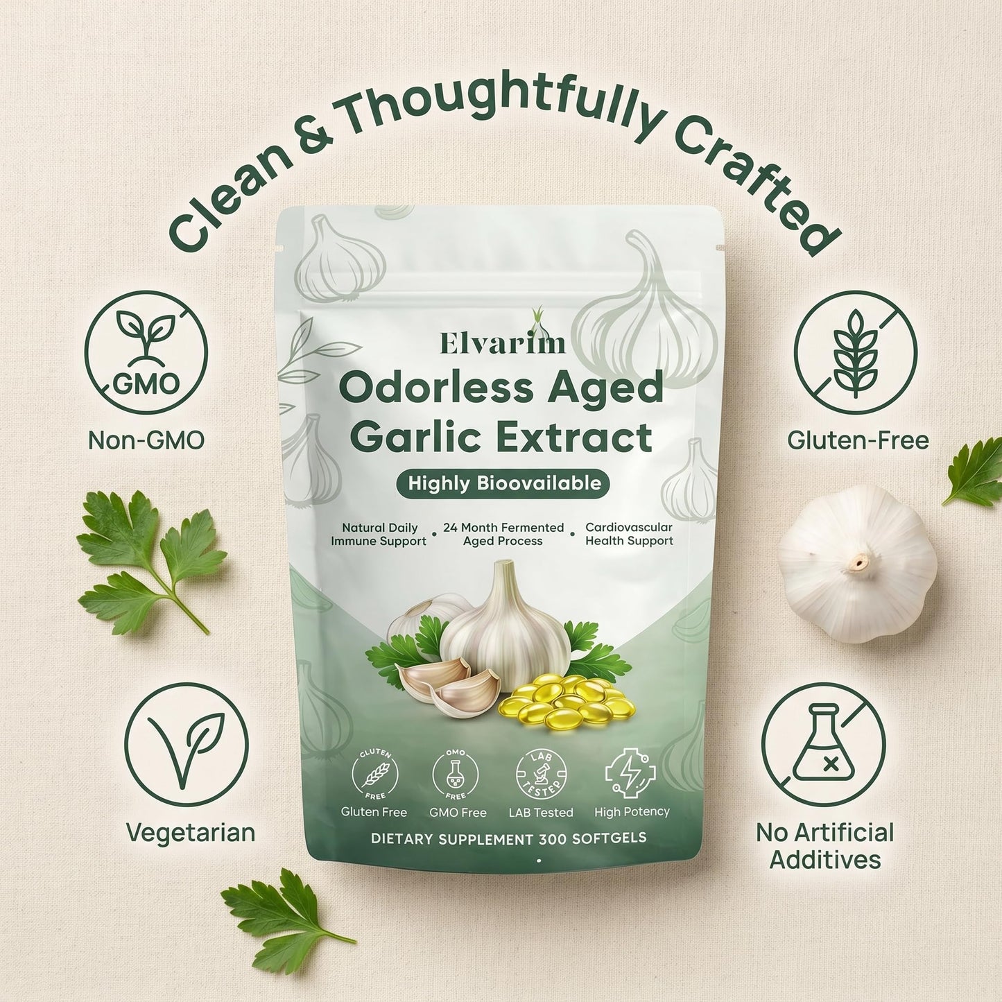KBKTWOLT Elvarim Aged Garlic Extract Softgels 300