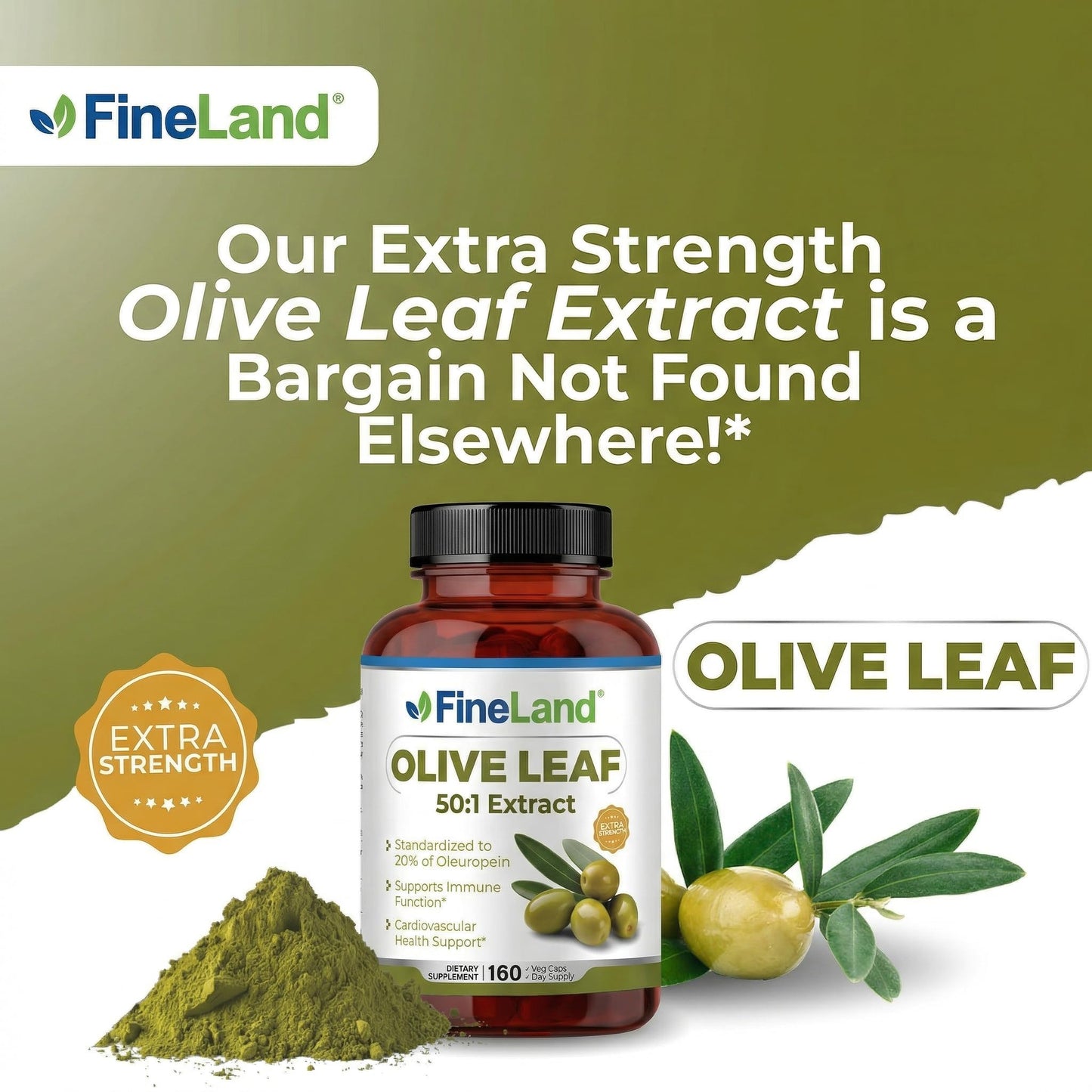 FineLand Olive Leaf 50:1 Extract with 20% Oleuropein Capsules, 160 Count